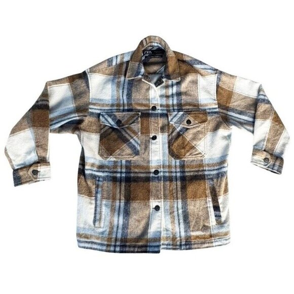 Zara Woman's Sz XS Blue Brown Plaid Wool Blend Italian Fabric Jacket Shacket - Picture 11 of 11